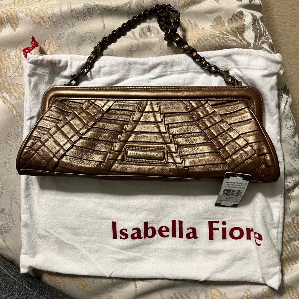 Isabella Fiore bronze leather clutch with optional chain.